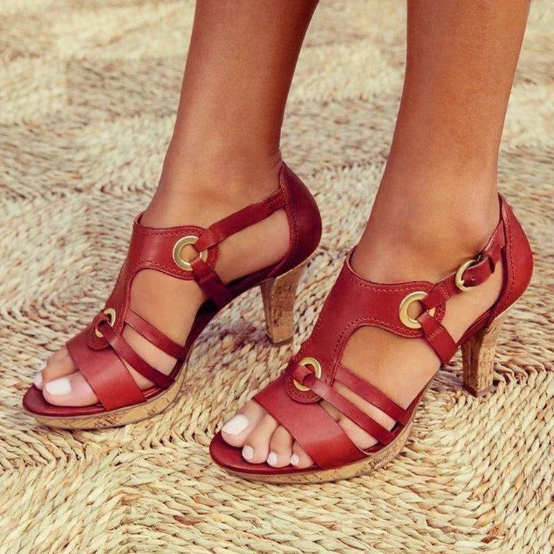 Faux Leather and Cork Heeled Sandals with Open Toe