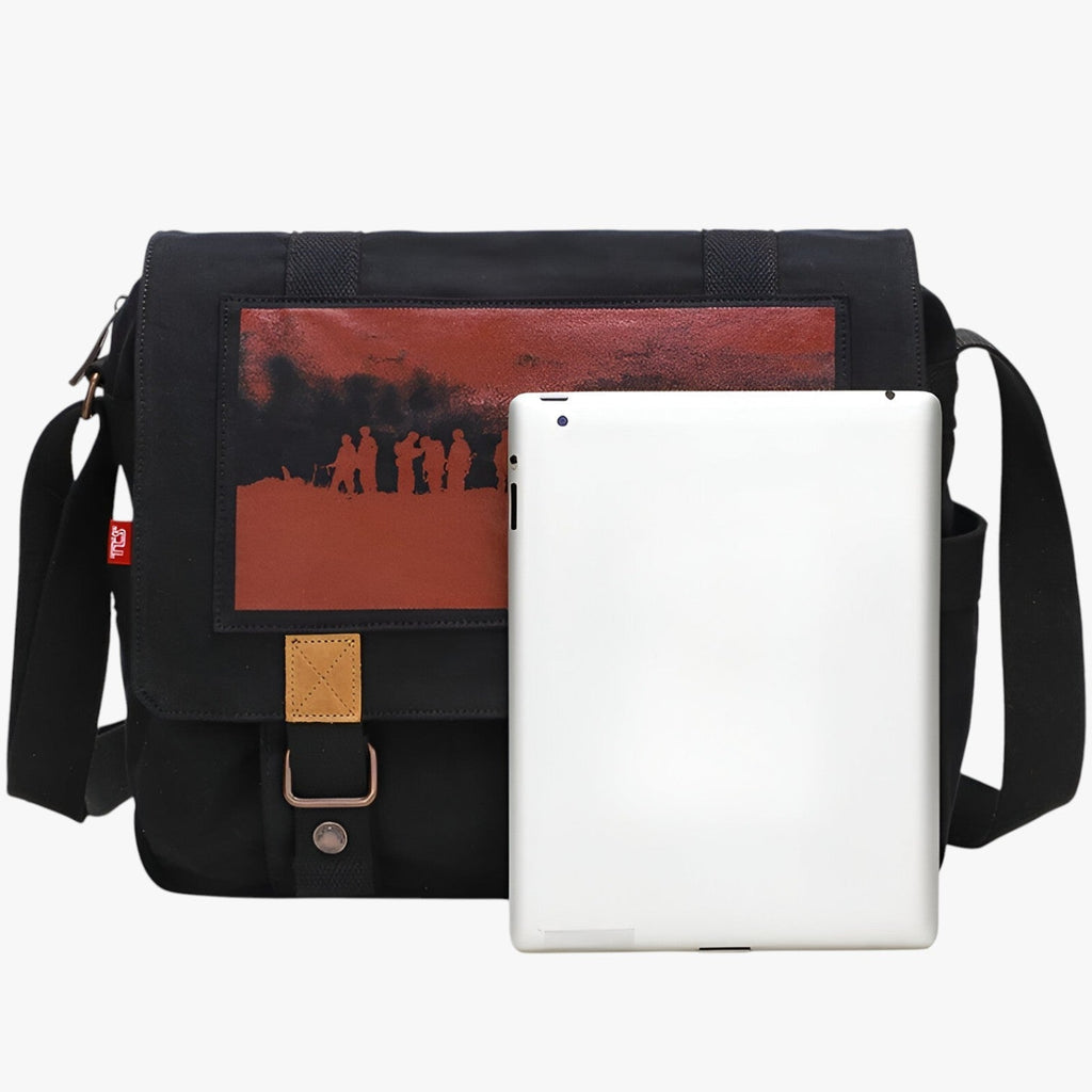 Grote vintage canvas laptopschoudertas met binnenvakken