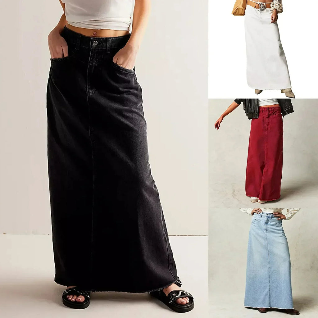 Denim Maxi Skirt with a Button-Front Closure