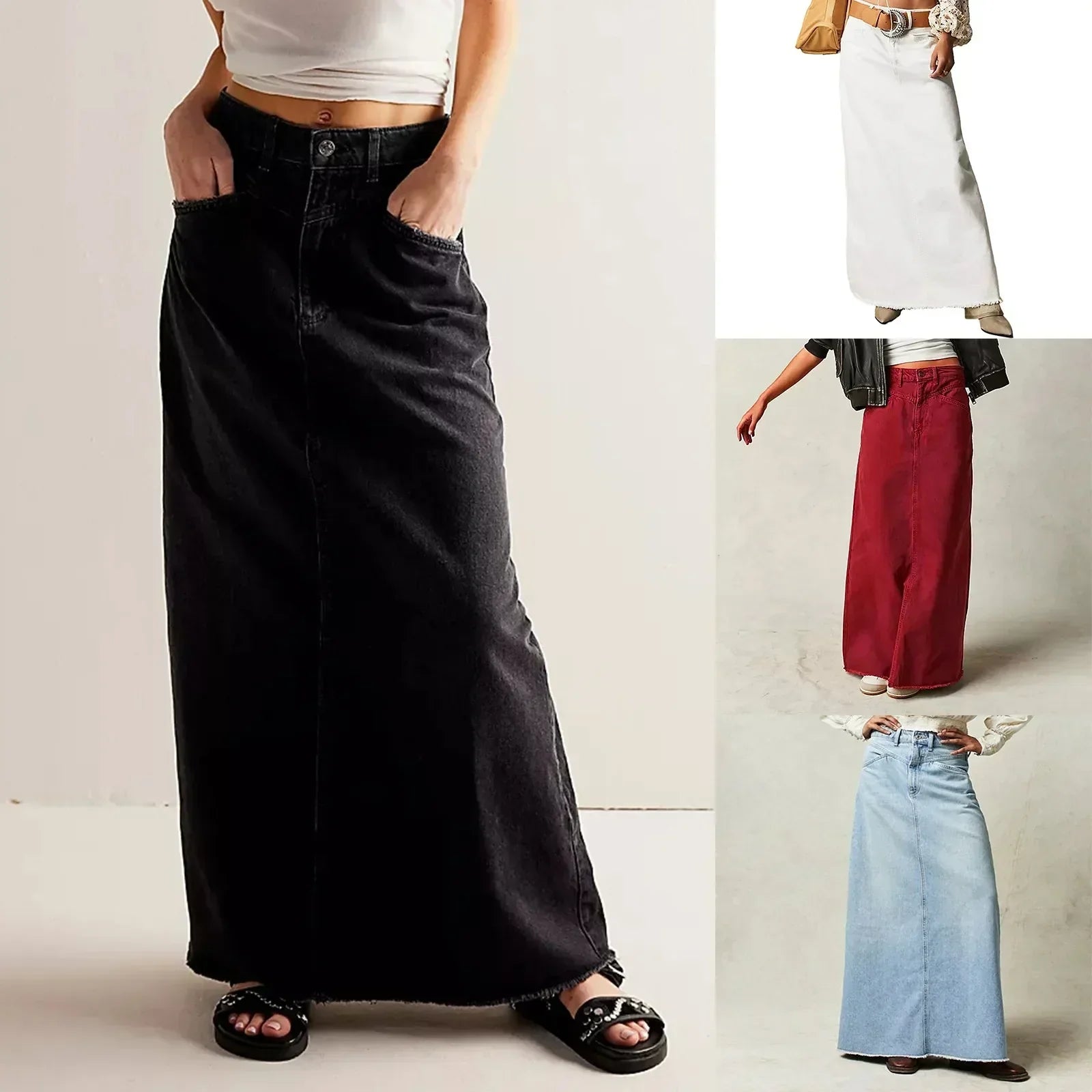 Denim Maxi Skirt with a Button-Front Closure