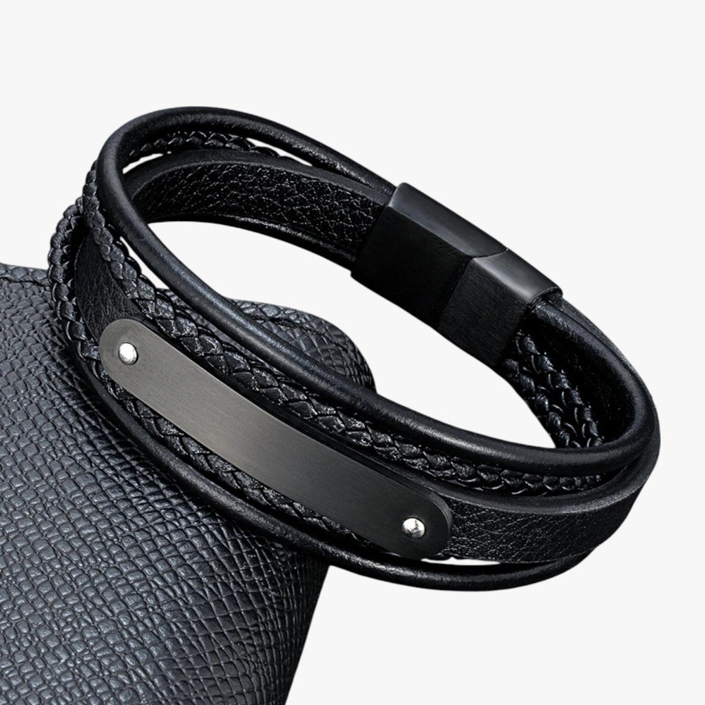 Leather Bracelet with Engraved Stainless Steel Plate