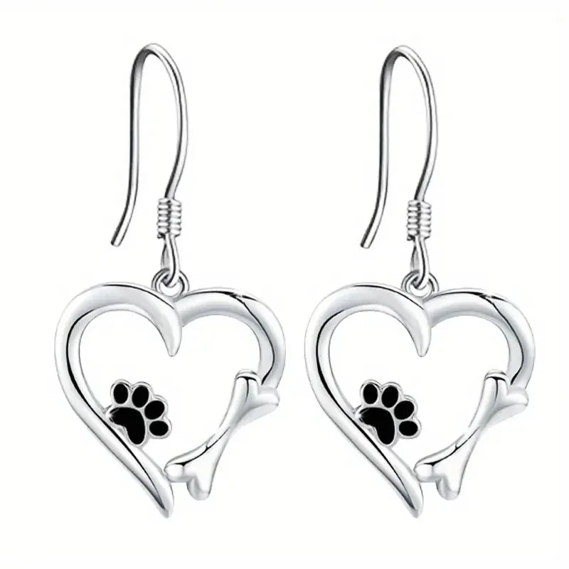 Silver-Tone Heart and Paw Pendant Earrings