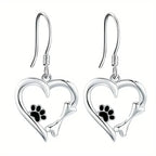 Silver-Tone Heart and Paw Pendant Earrings