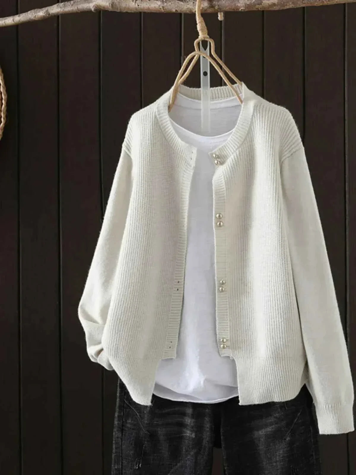 Pearl-Button Cardigan with a Classic Round Neckline