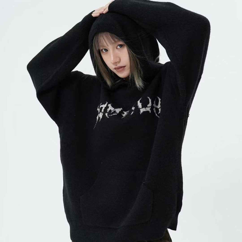 Knitted Hooded Jumper with Centipede Motif Down the Back