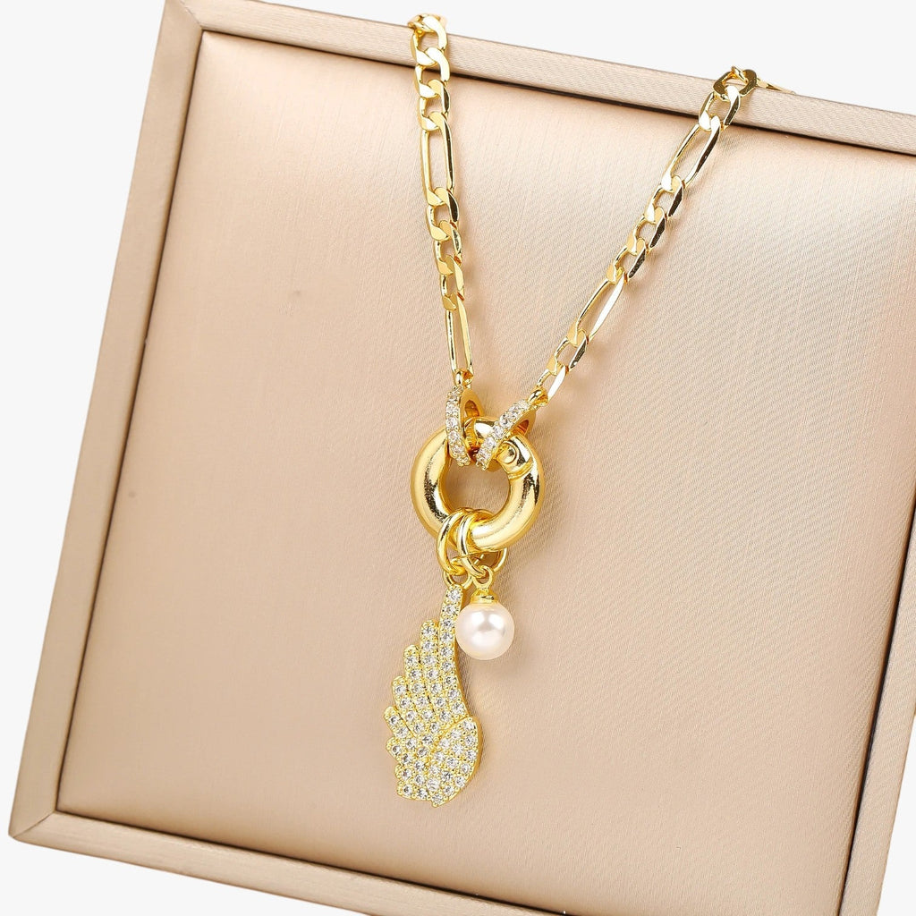 Wing and Shell Flower Pendant Necklace, Fine Chain