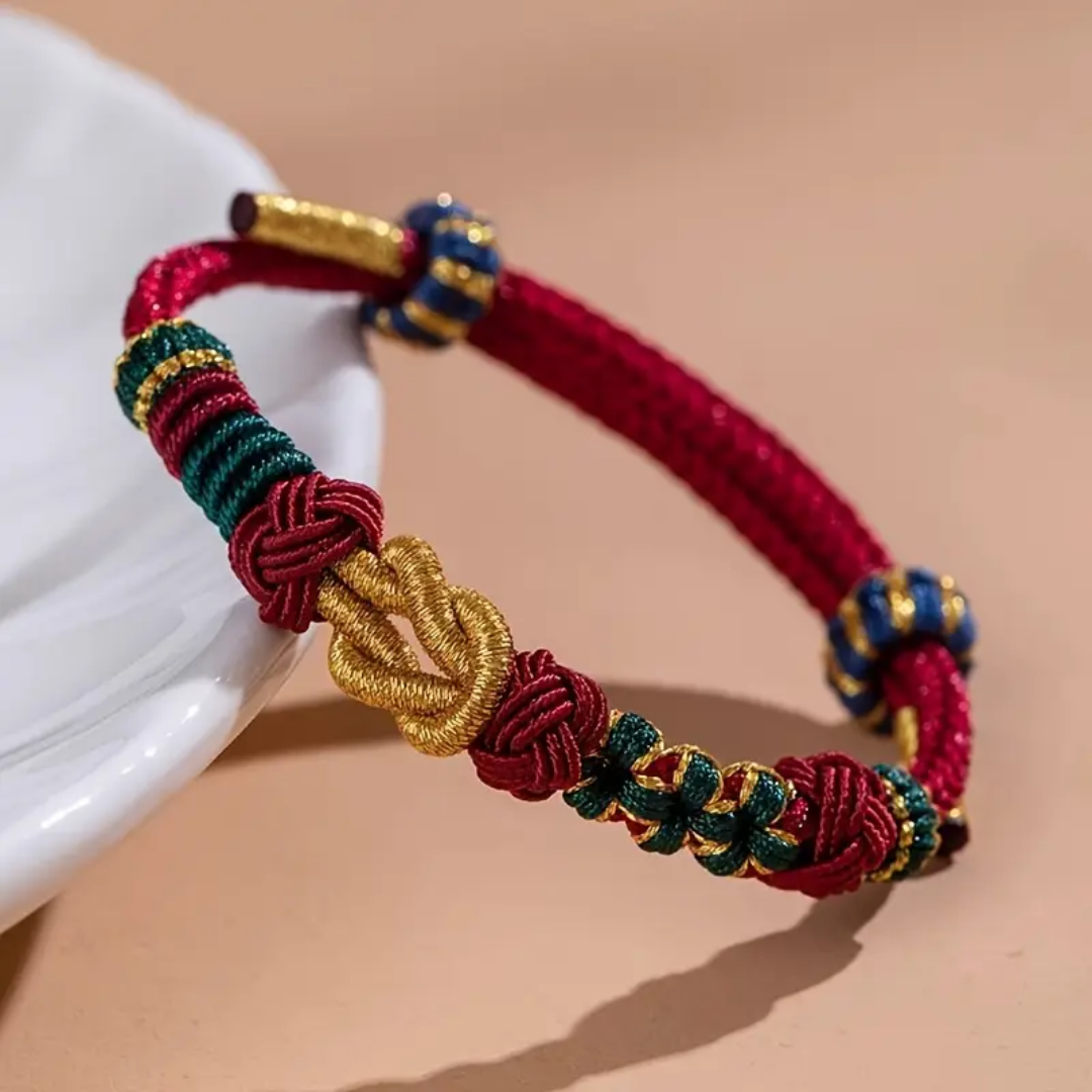 Handwoven Knot Bracelet in Red, Green and Blue Thread