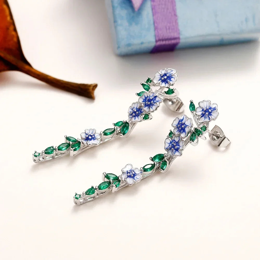 Trumpet Flower Drop Earrings with Sapphire-Blue Accents