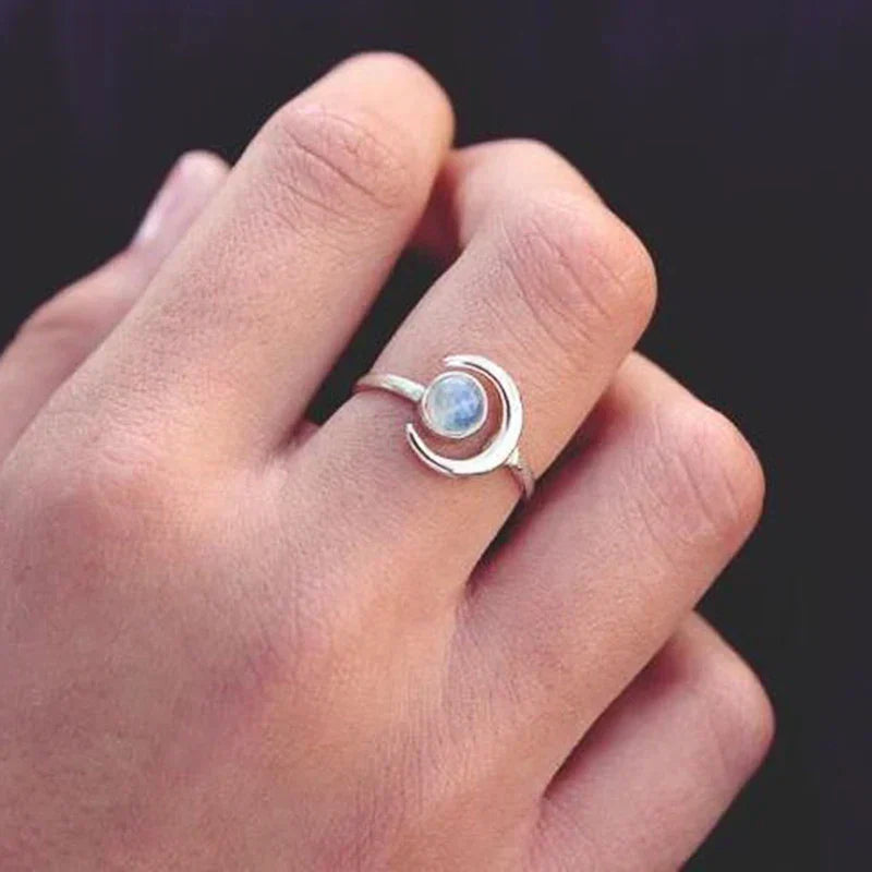 Crescent Moon Silver-Tone Moonstone Ring