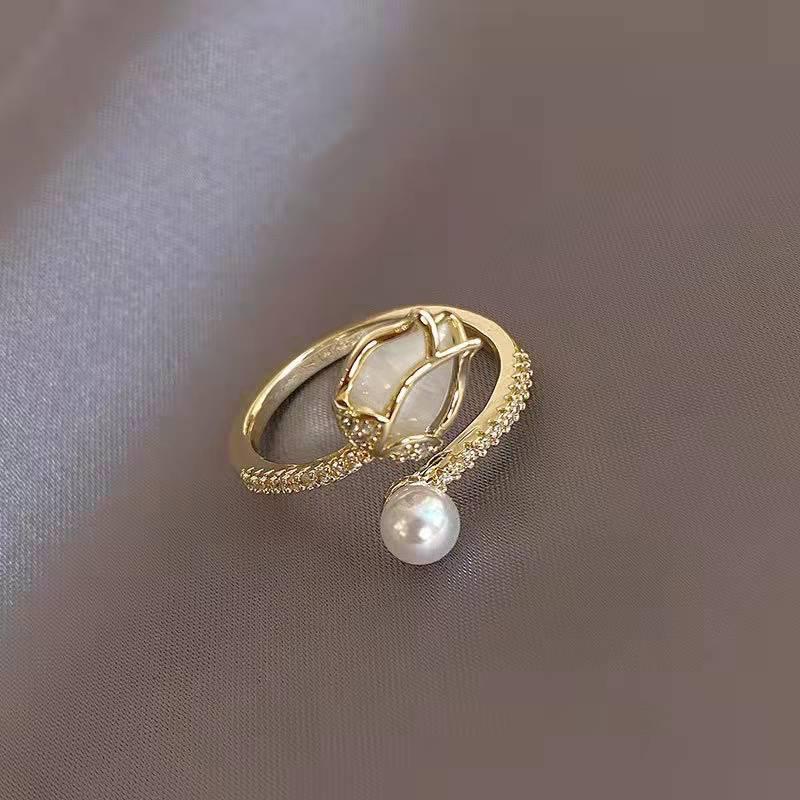 Adjustable White Tulip Ring with Pearl in Gold Tone