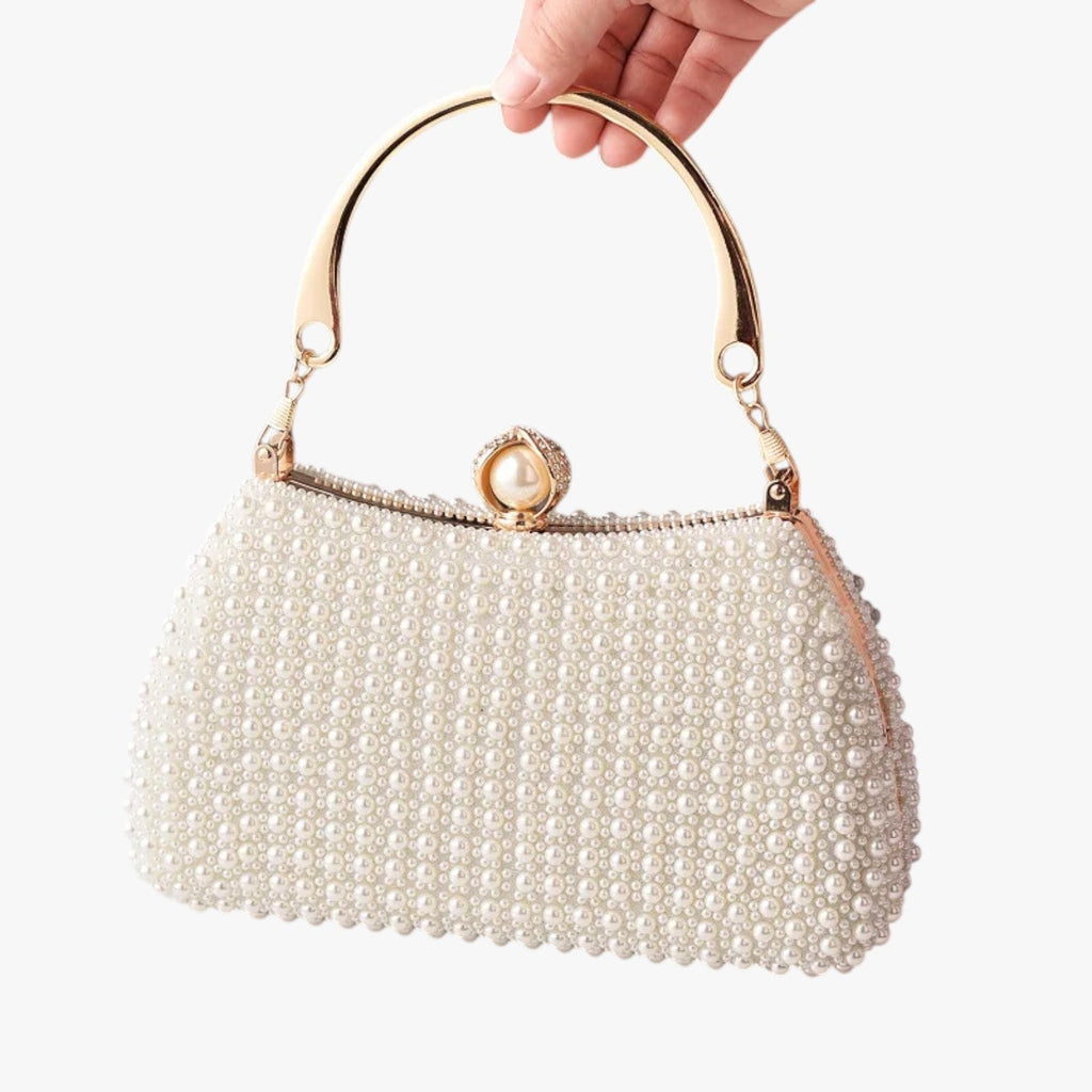 Avondtasje met parels, metalen handvat en ketting