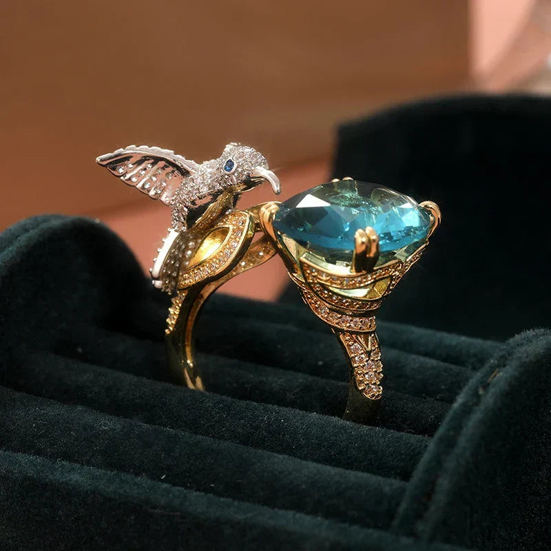 Adjustable 14K Gold-Plated Hummingbird Ring with Aquamarine-Colour Stone