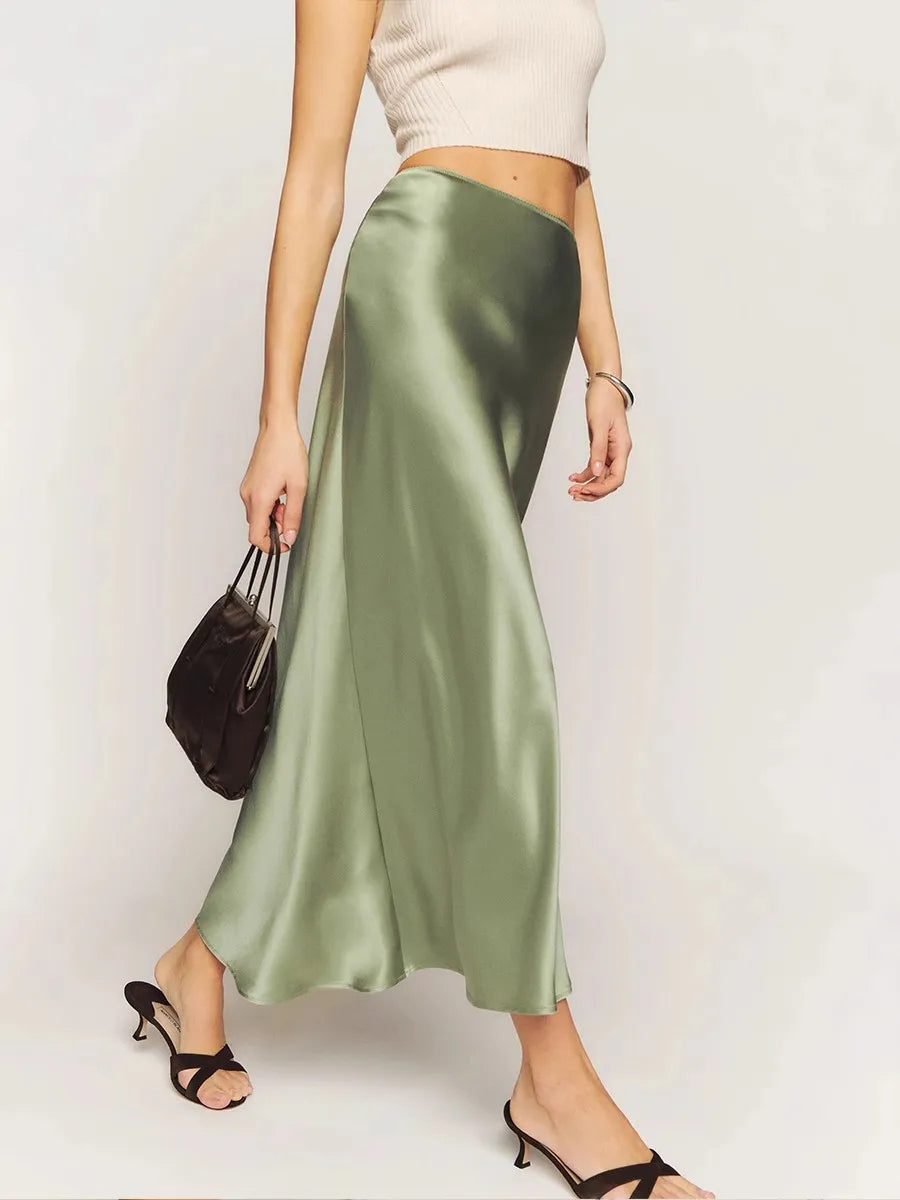 Satin A-Line Midi Skirt with Silky Sheen