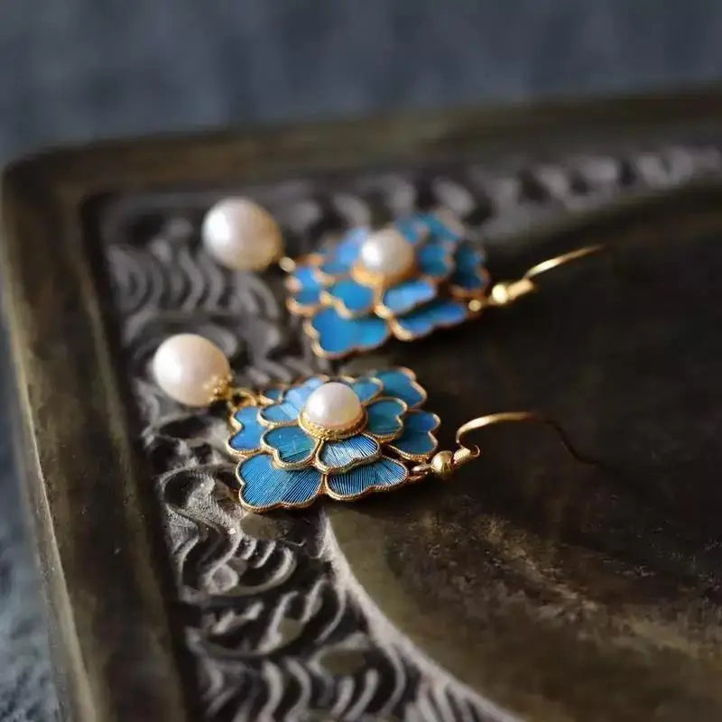 Vintage-Style Blue Enamel Flower and Pearl Drop Earrings
