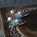 Vintage-Style Blue Enamel Flower and Pearl Drop Earrings