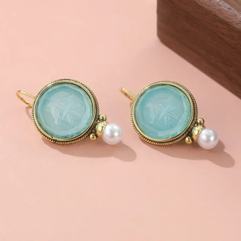 Aqua Carved Stone and Pearl Drop Earrings