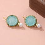 Aqua Carved Stone and Pearl Drop Earrings