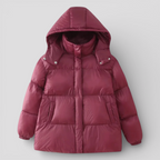 Two-Tone Quilted Hooded Coat with Stand Collar and Zip