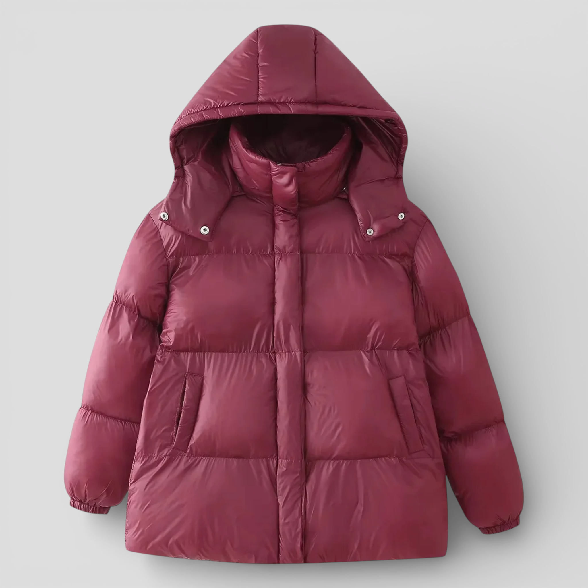 Two-Tone Quilted Hooded Coat with Stand Collar and Zip