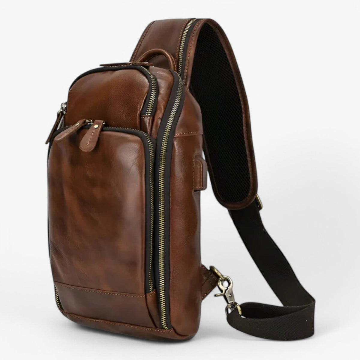 Men's Genuine Ox Leather Chest Bag with USB Charging Port
