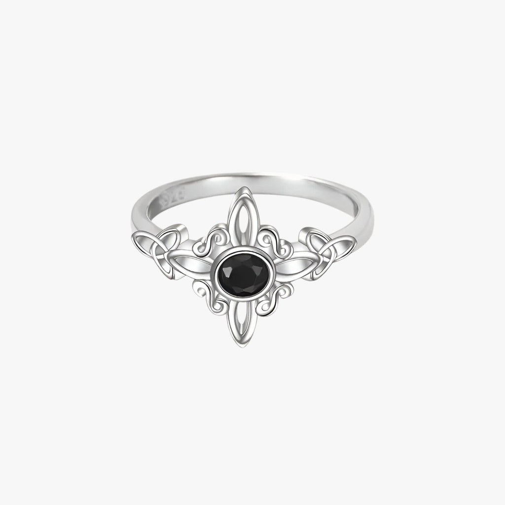 Silver-Plated Ring with Black Stone and Knot Symbol