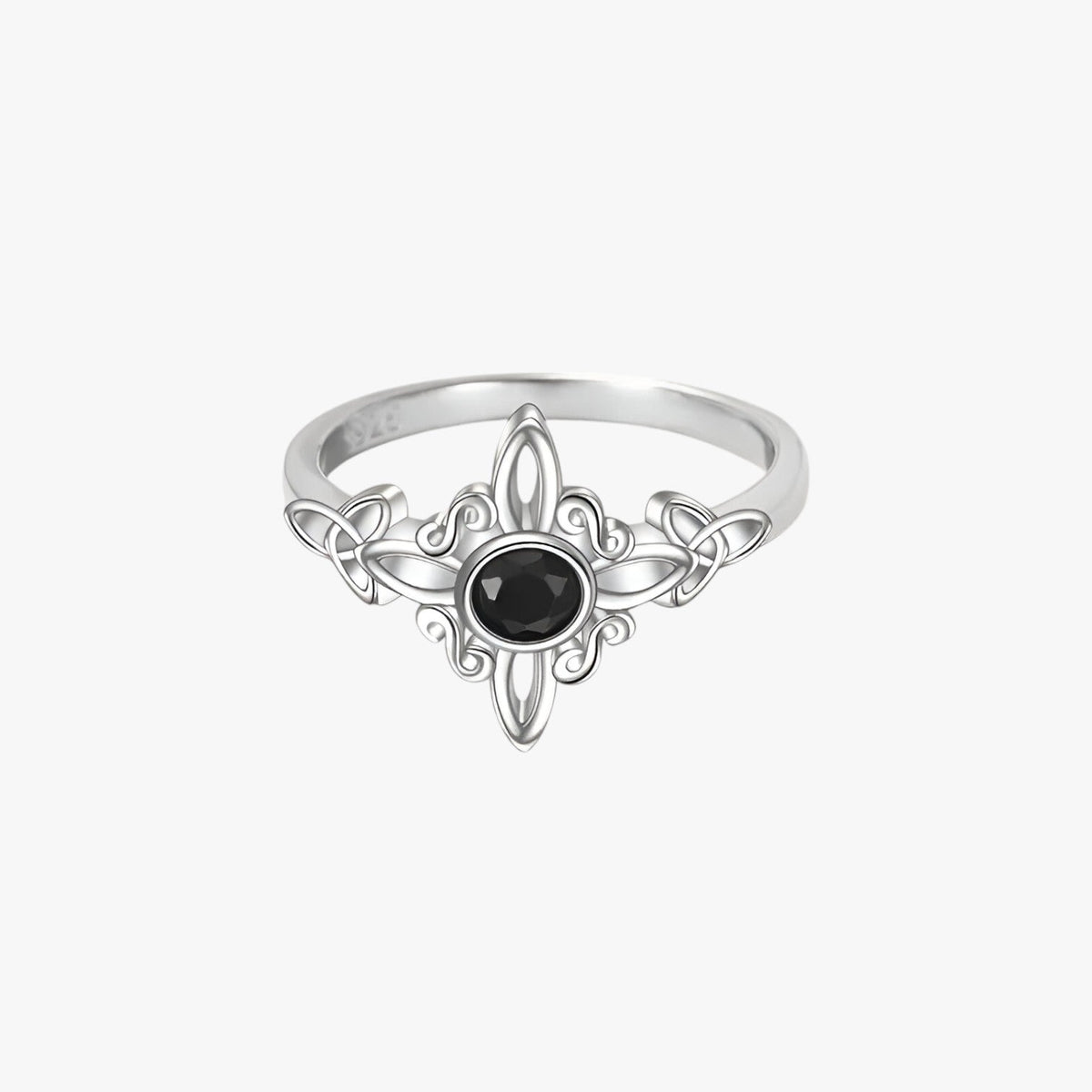 Silver-Plated Ring with Black Stone and Knot Symbol