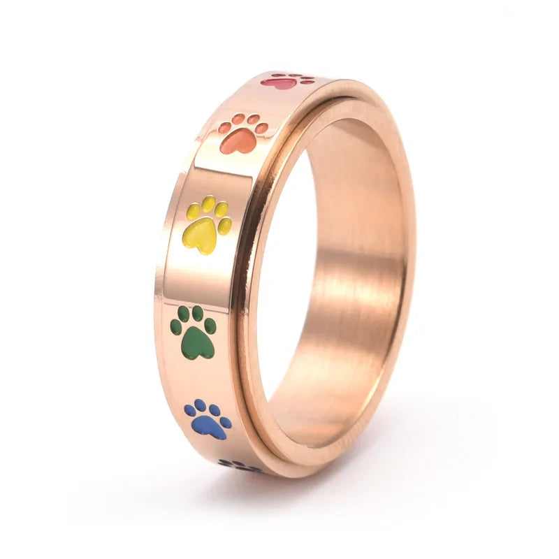 Stainless Steel Spinning Paw Fidget Ring with Rainbow Paws