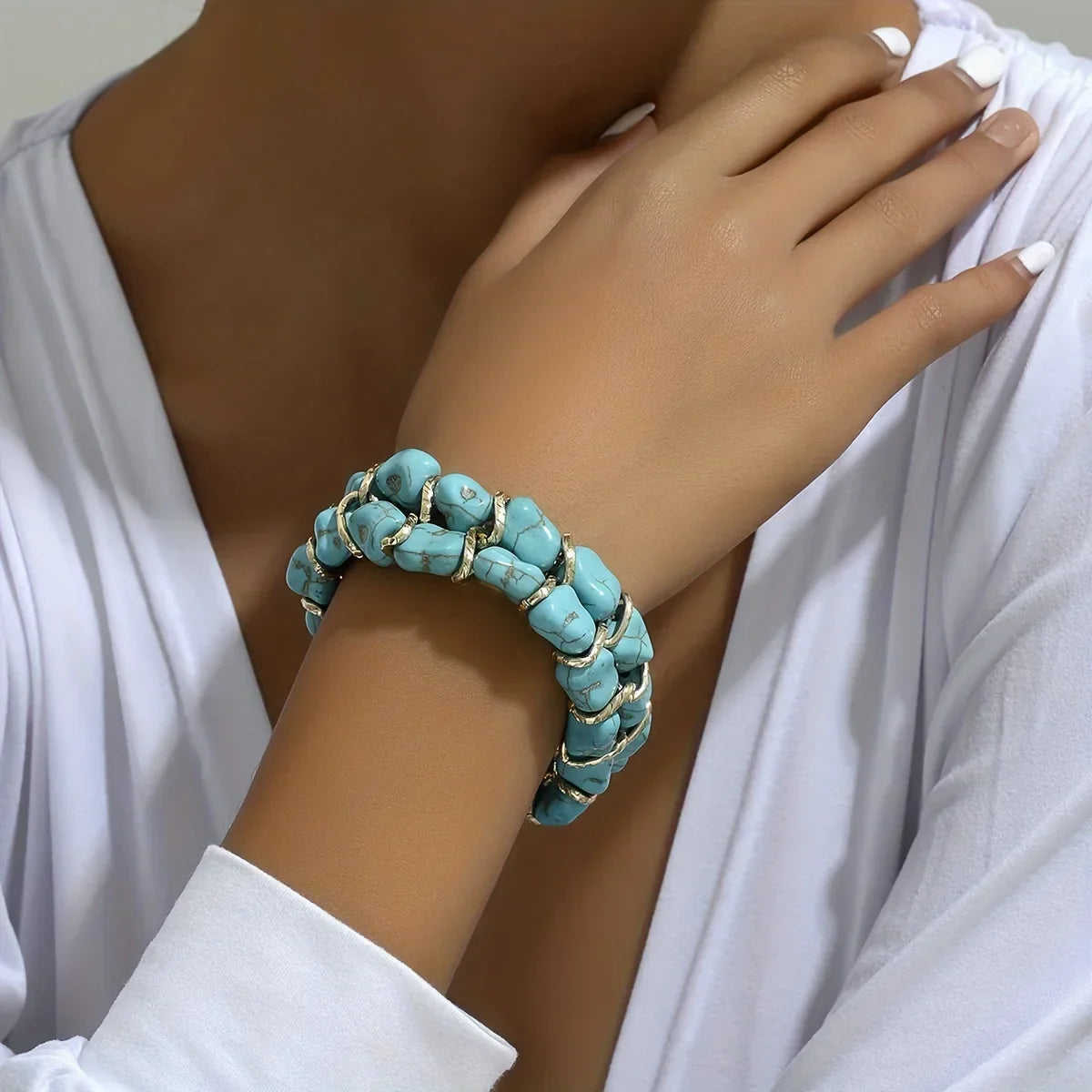 Turquoise Stone Woven Gold-Tone Bracelet