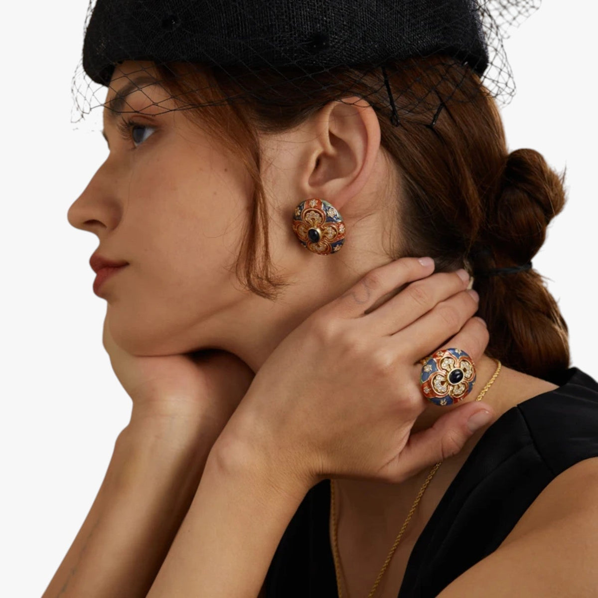 Gold-Plated Vintage Earrings with Coloured Enamel