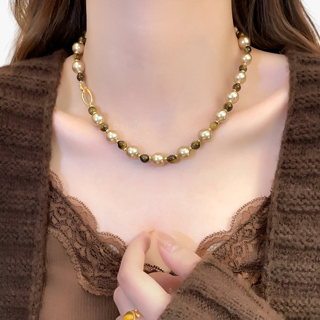 Tiger's Eye and Champagne Pearl Necklace, Gold-Tone