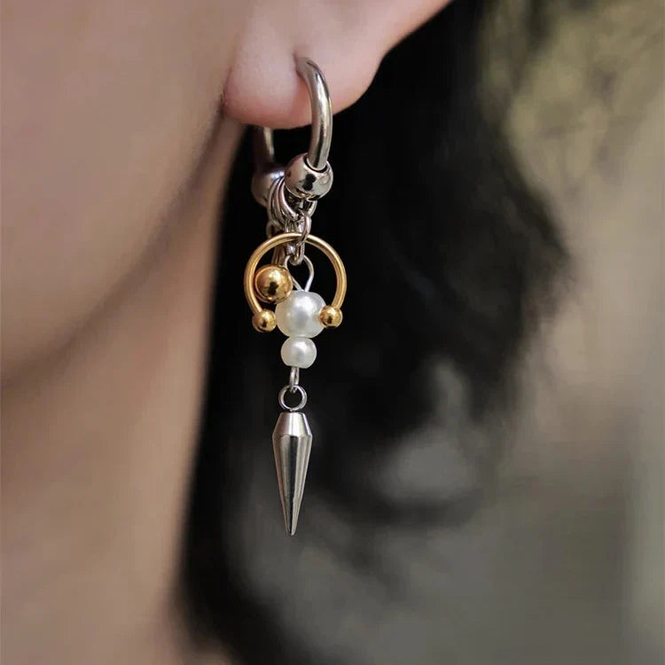 Burnished Metal and Pearl Drop Earrings