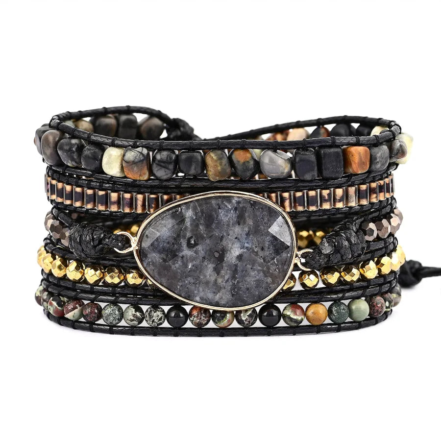Black Labradorite and Picasso Jasper Beaded Wrap Bracelet
