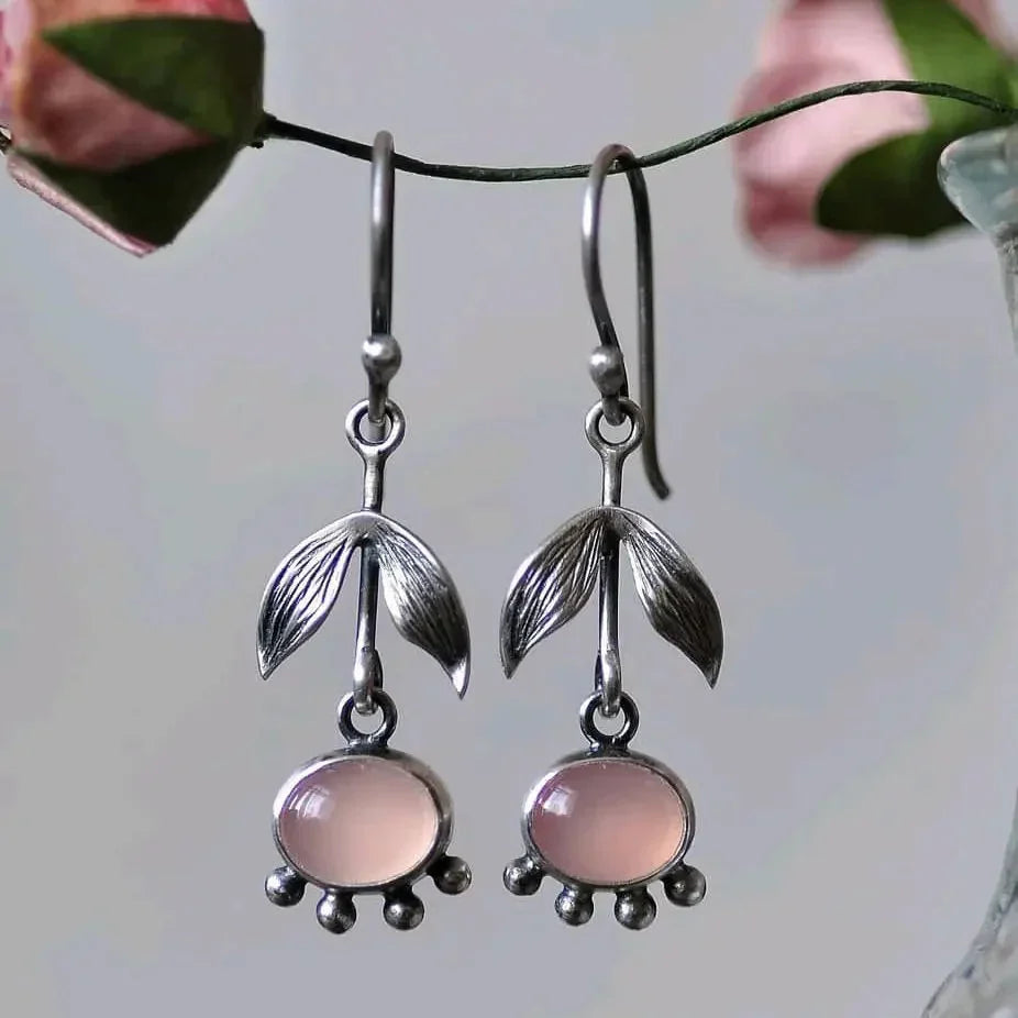 Leafy Rose Quartz Drop Earrings in Two Shades