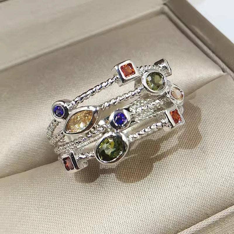Vintage zilverkleurige gelaagde ring met groen glas