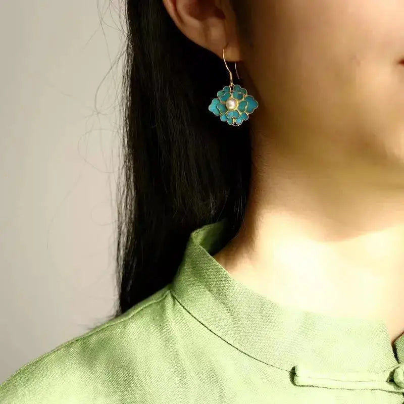 Vintage-Style Blue Enamel Flower and Pearl Drop Earrings