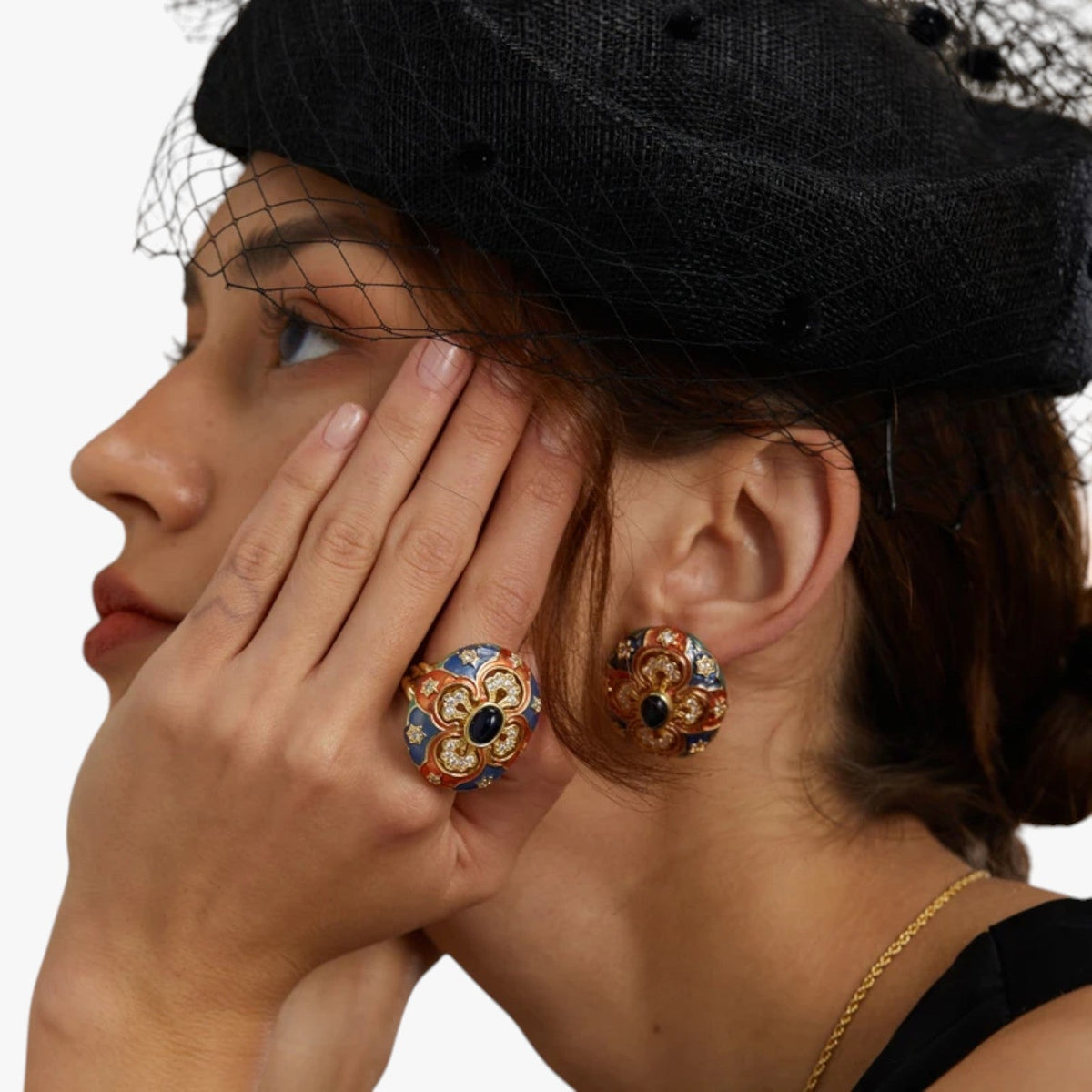 Gold-Plated Vintage Earrings with Coloured Enamel