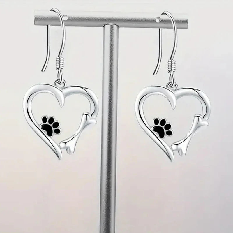 Silver-Tone Heart and Paw Pendant Earrings