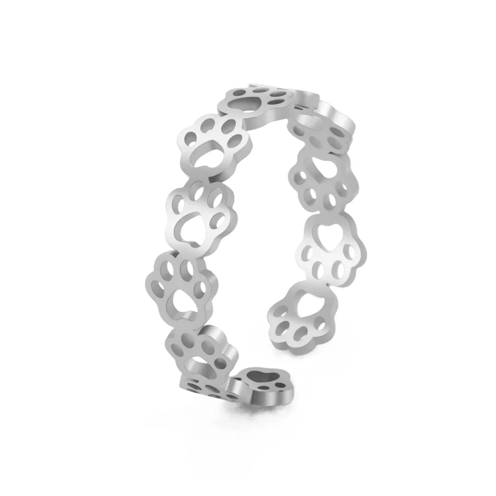 Adjustable Stainless Steel Paw Print Ring