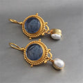 Blue Carved Stone and Pearl Drop Earrings