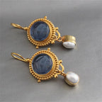 Blue Carved Stone and Pearl Drop Earrings