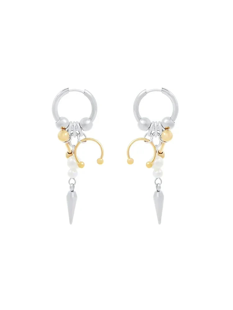 Burnished Metal and Pearl Drop Earrings
