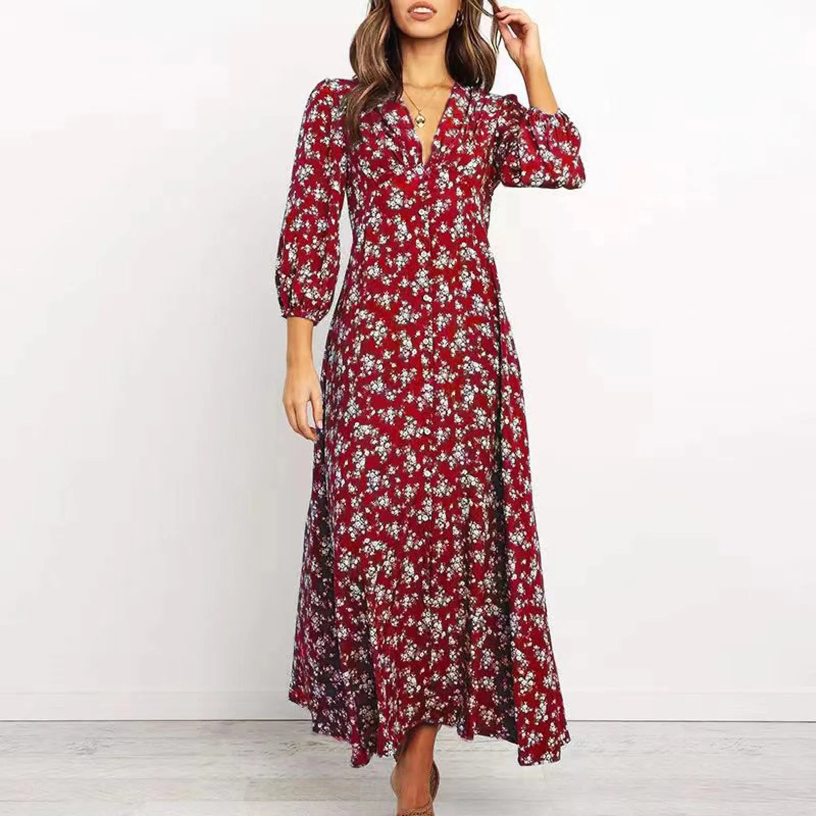 All-Over Floral Print Long Sleeve Maxi Dress