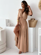Cold Shoulder Wrap Front V-Neck Maxi Dress