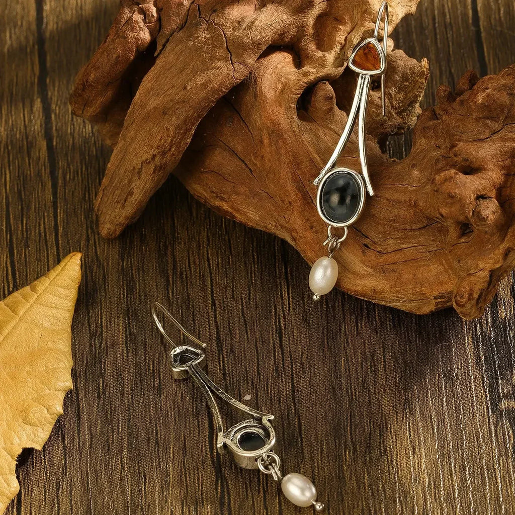Silver-Tone Tri-Stone Pearl Drop Earrings