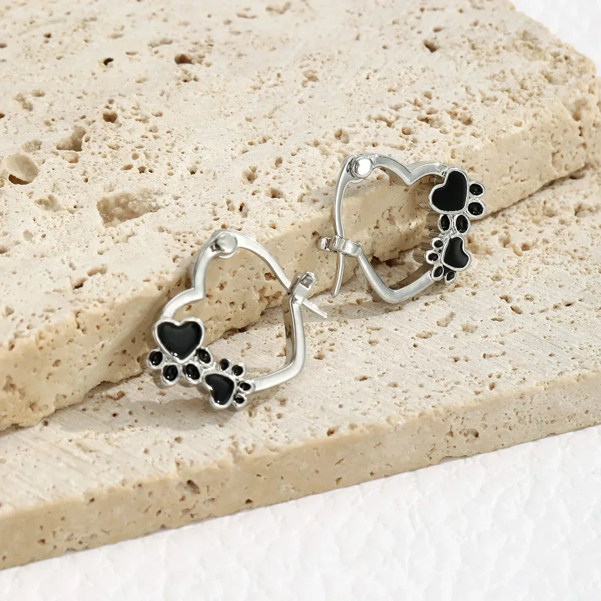 Heart Huggie Earrings with Black Enamel
