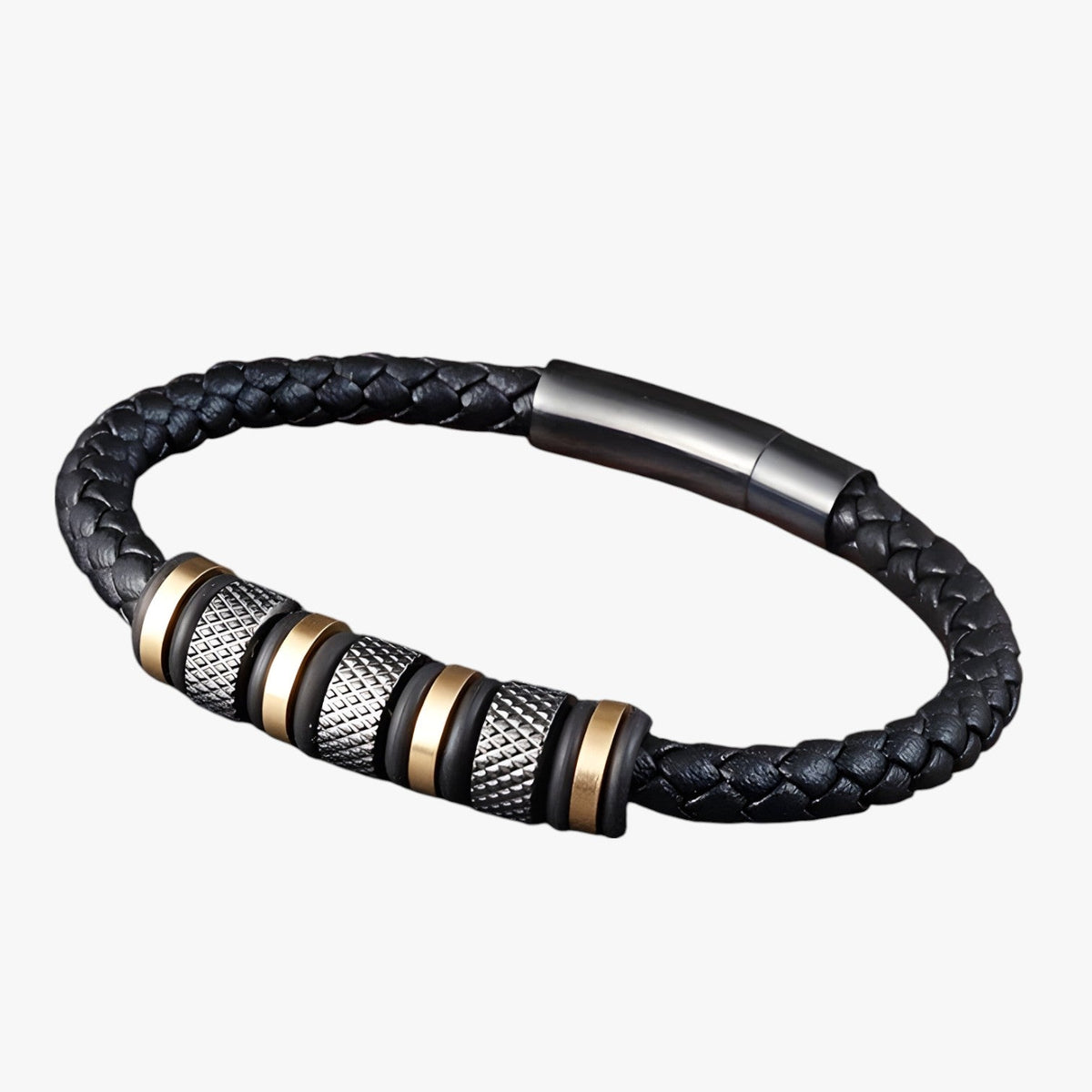 Braided Leather Bracelet with Steel Bead Detail