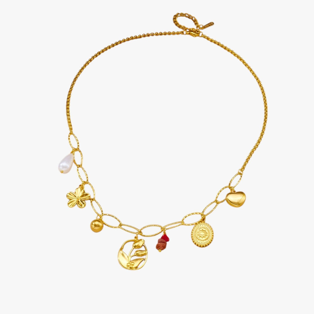 Ketting met hart-, tulp- en parelhangers