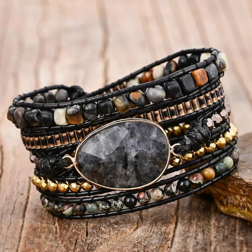 Black Labradorite and Picasso Jasper Beaded Wrap Bracelet