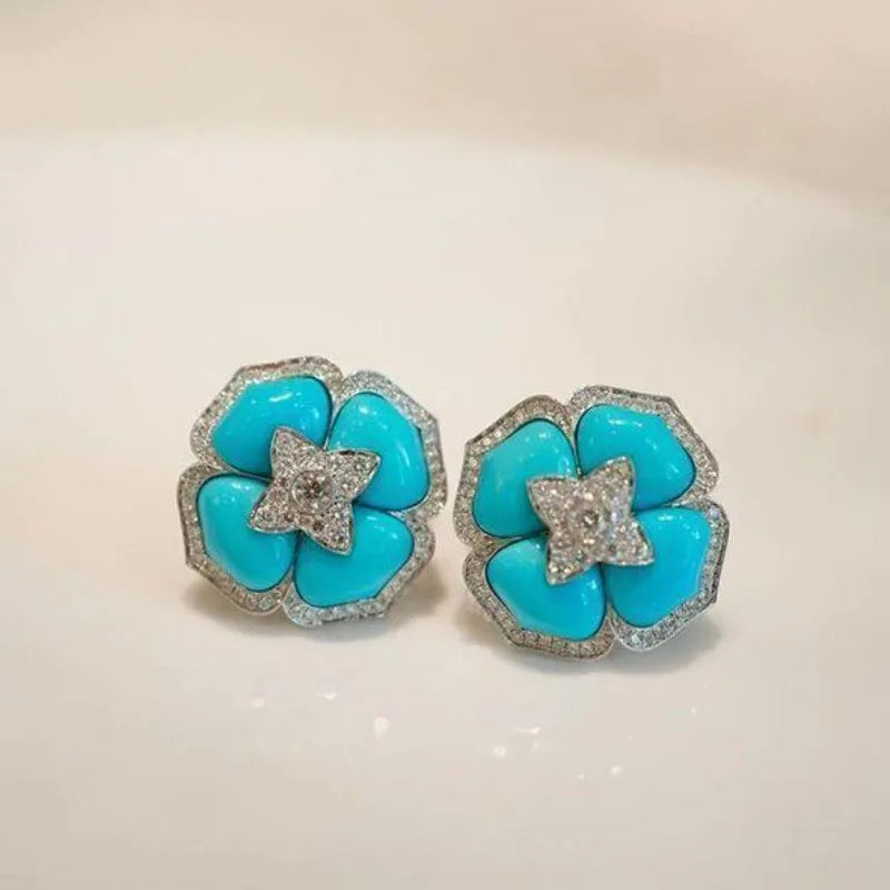 Silver-Tone Turquoise Flower Earrings