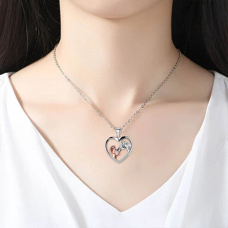 Heart Zircon Girl and Horse Necklace